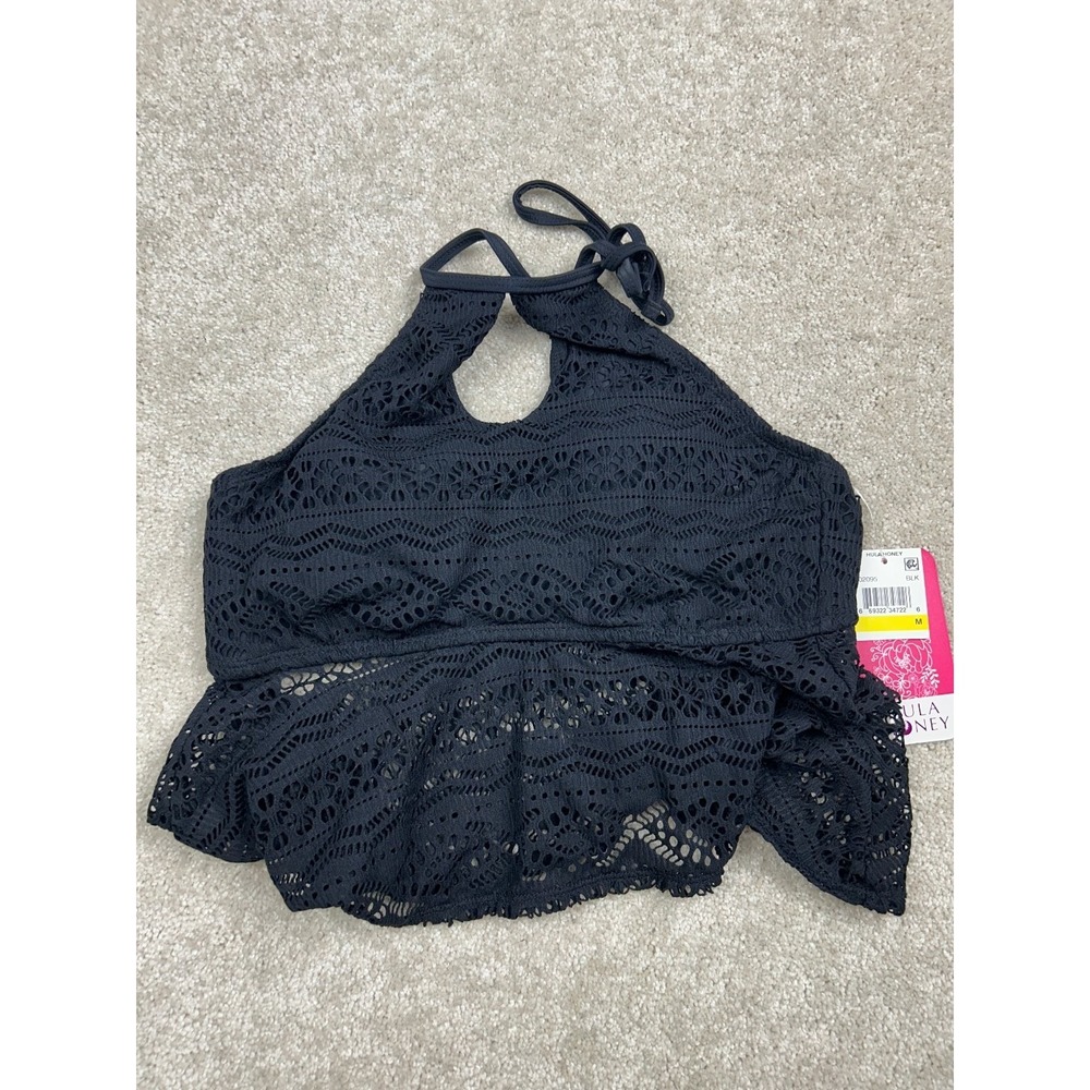 HULA HONEY Women's Black M Crochet Halter Keyhole Flounce Padded Swim‎ Top